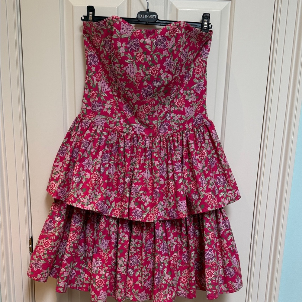 Laura Ashley 12 100% Cotton Built-in Boning Tiered Sweetheart Pink Floral Dress